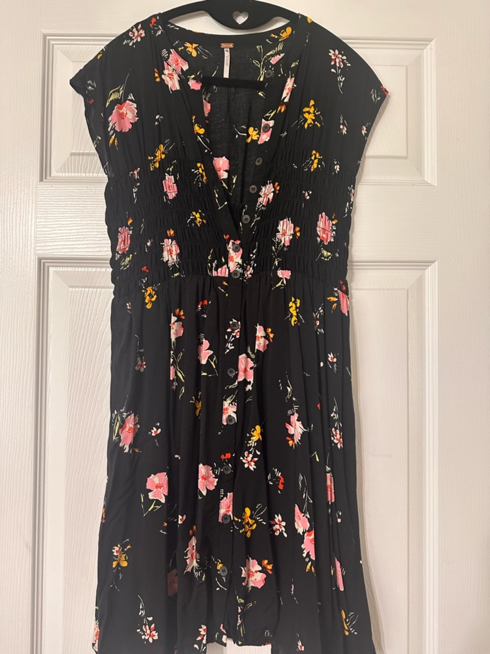 Free People Black Floral Midi Dress with Pink & Yellow Blooms